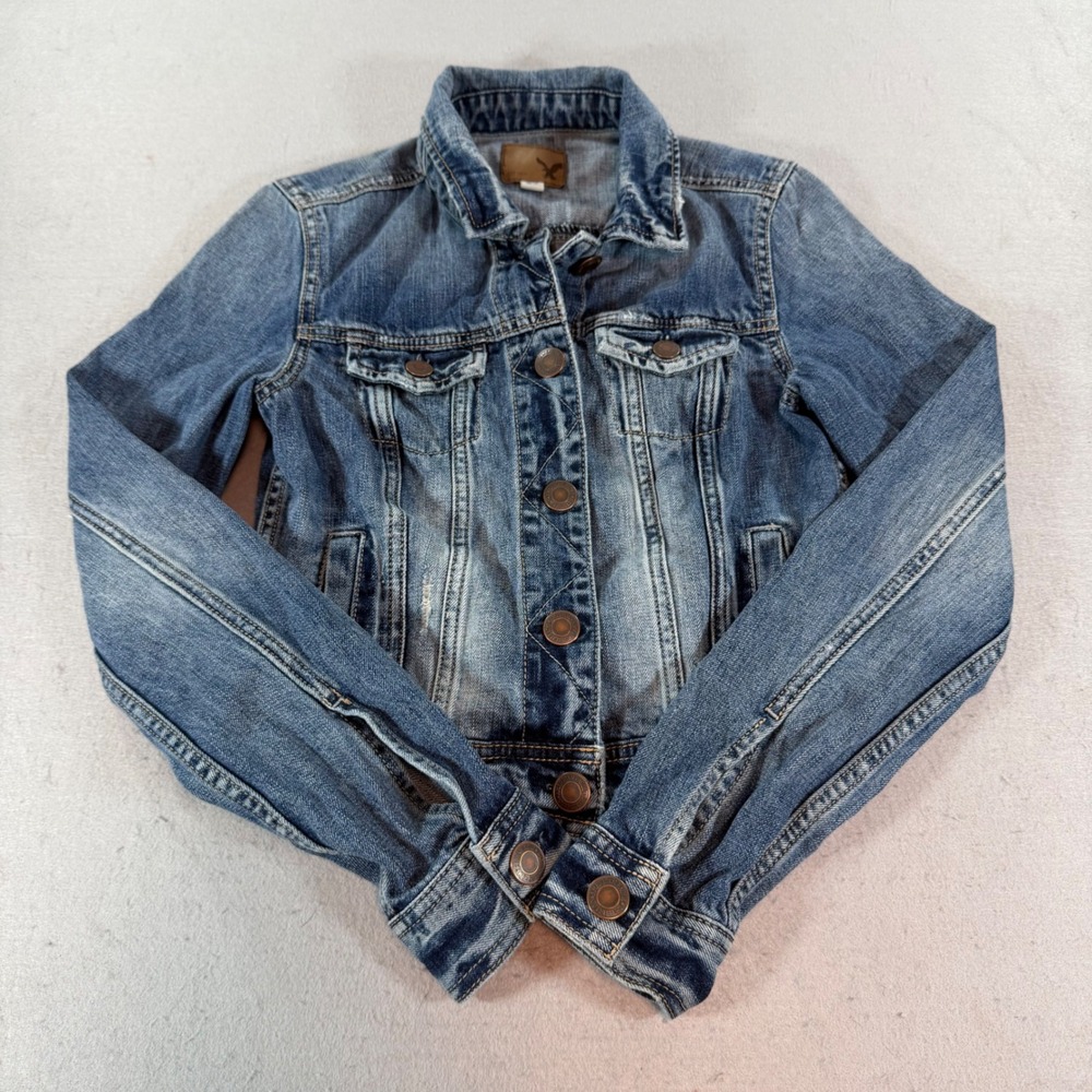 American Eagle Denim Trucker Jacket Womens XS Distressed‎ Blue